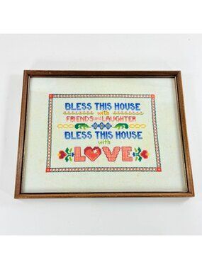 Vintage Framed Cross Stitch "Bless This House" Home Decor 16"x 12" Wood Frame